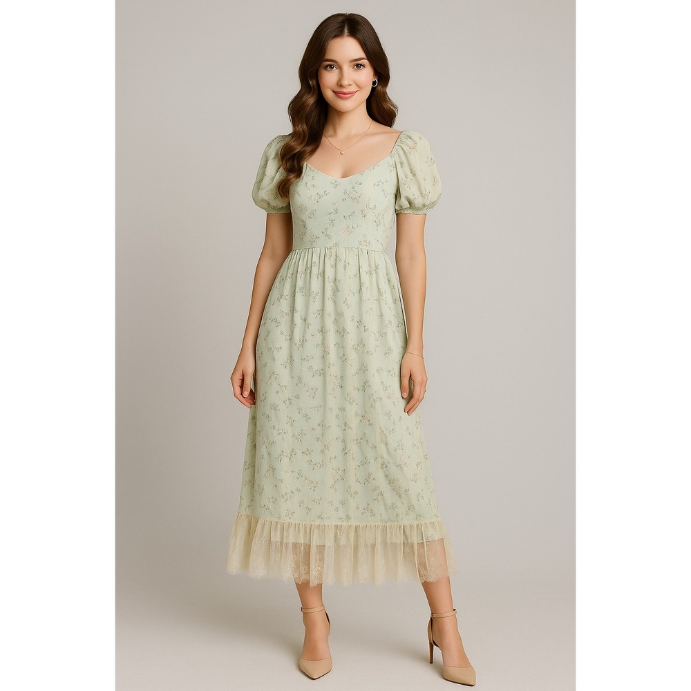 Vintage Cottagecore Dress Women S Blue Dainty Floral Lace Overlay Tulle Babydoll